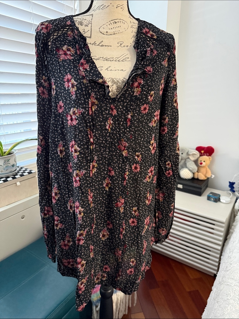 Free People Floral Lace-Trim Blouse in Black and Pink